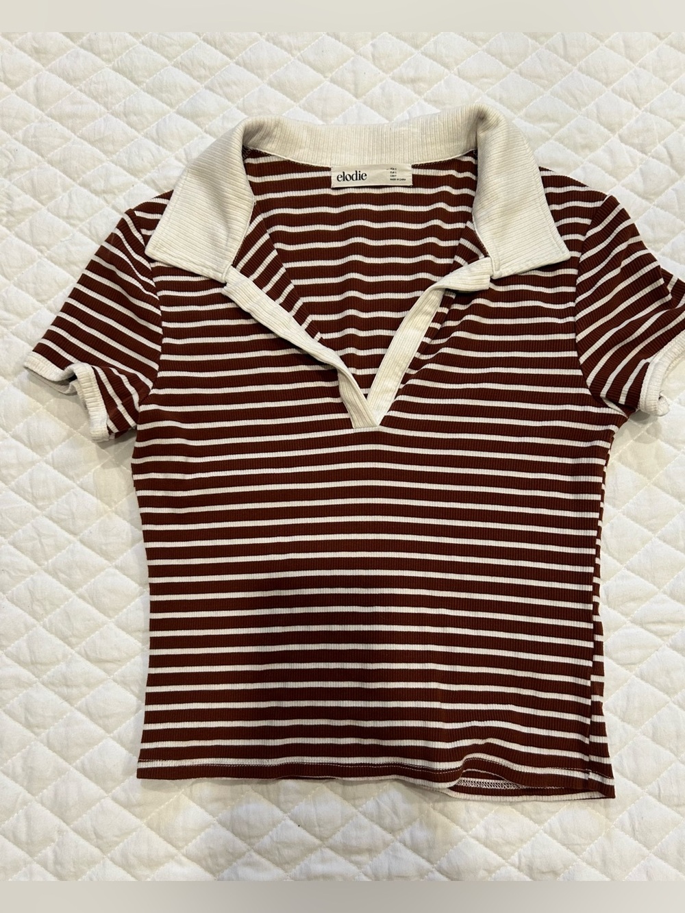elodie Brown & White Striped Polo Top